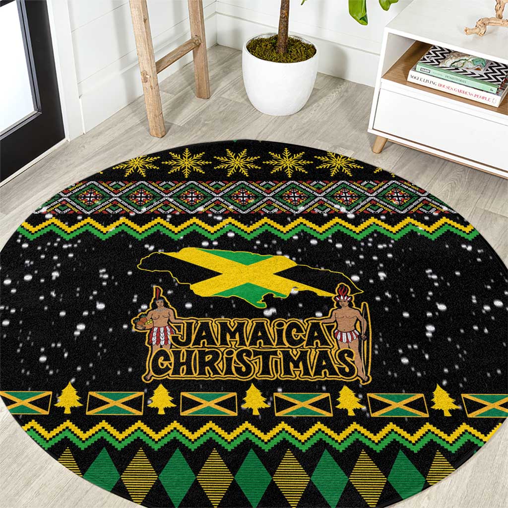 Round black Christmas rug with Jamaica graphic and green-yellow zigzag pattern