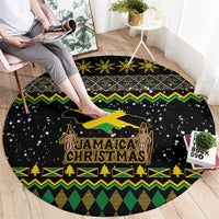Round black Christmas rug with Jamaica Christmas logo, star and zigzag border