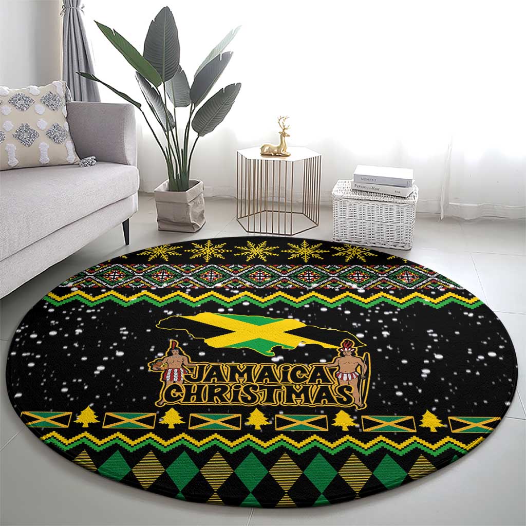 Round black Christmas rug with Jamaica Christmas center graphic and multicolor patterned band