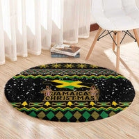 Round black Christmas rug with Jamaica Christmas logo and geometric zigzag edge