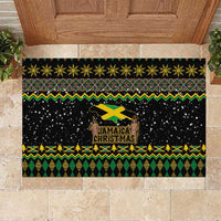 Black rubber doormat with Jamaica Christmas lion graphic and reggae Christmas border