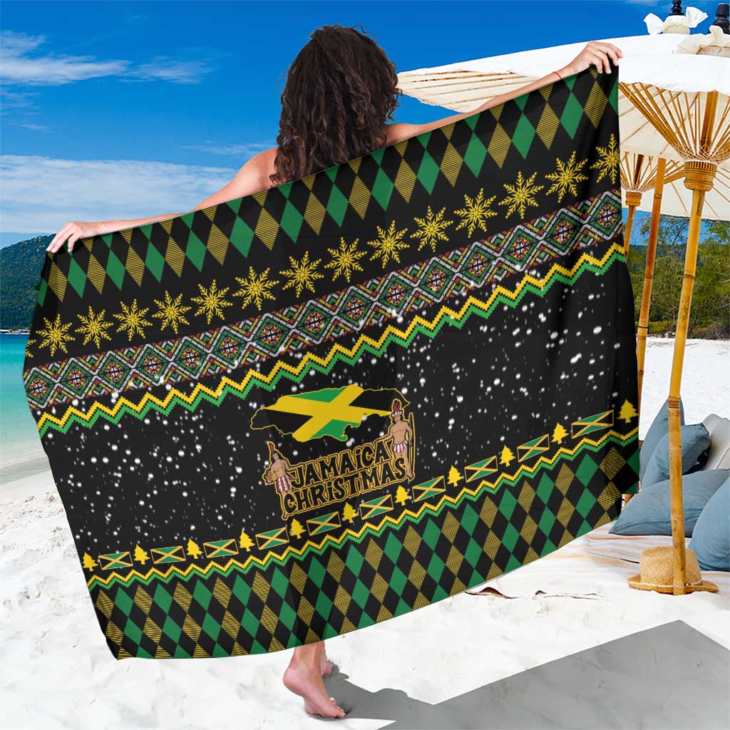 Black sarong with green and yellow checkered border, gold stars, 'Jamaica Christmas' logo