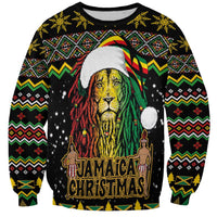 Black crewneck sweatshirt with lion graphic, Jamaican Christmas text, festive pattern sleeves