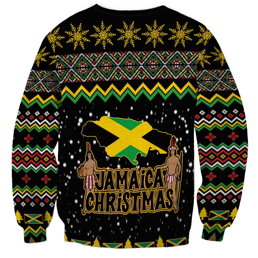 Black crewneck sweatshirt with Jamaica flag graphic and Jamaican Christmas text, knit sleeves