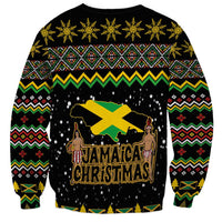 Black crewneck sweatshirt with Jamaica flag graphic and Jamaican Christmas text, knit sleeves