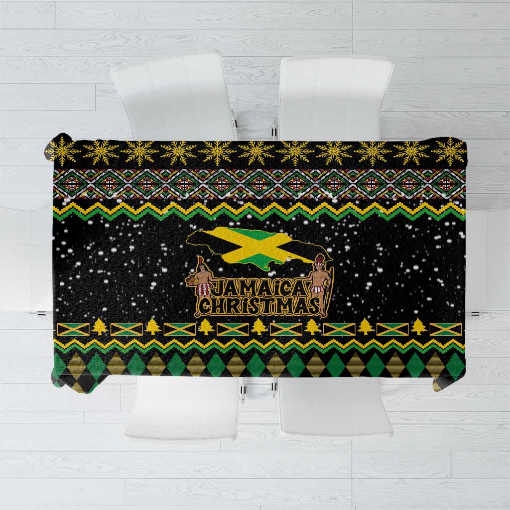 Black tablecloth with yellow lion graphic, 'Jamaica Christmas' text, green zigzag border