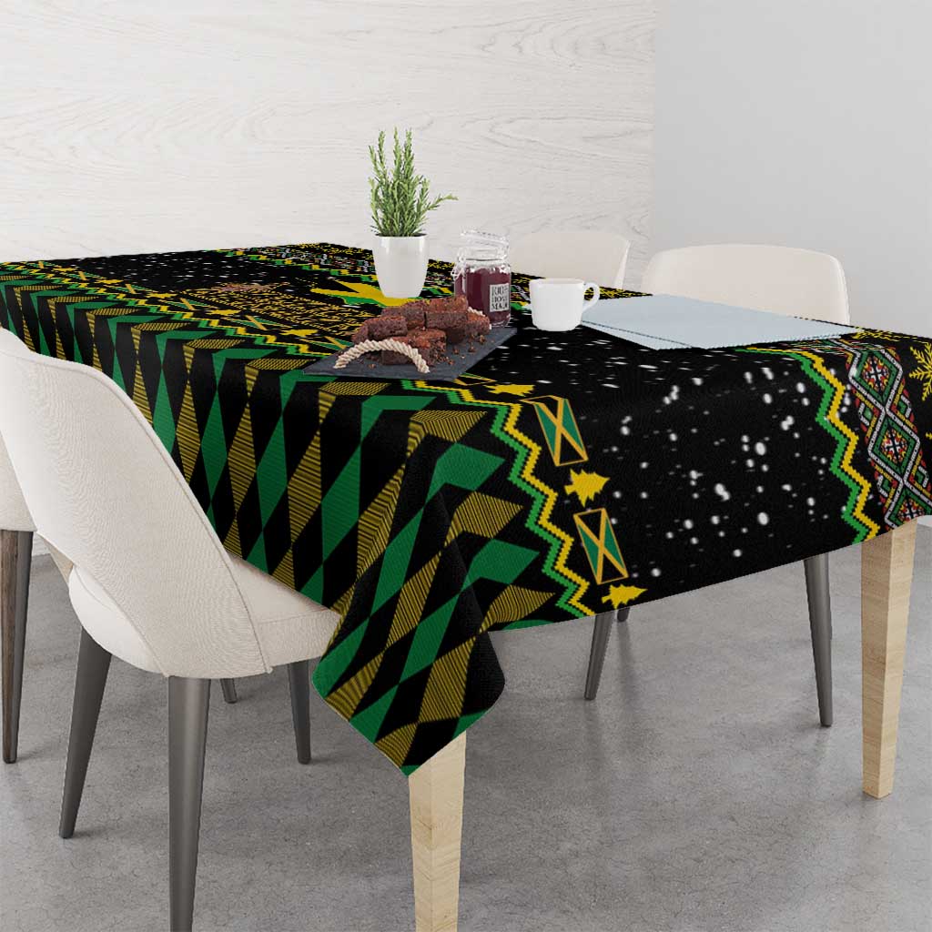 Black tablecloth with green and yellow geometric stripes and starry dots, draped over table