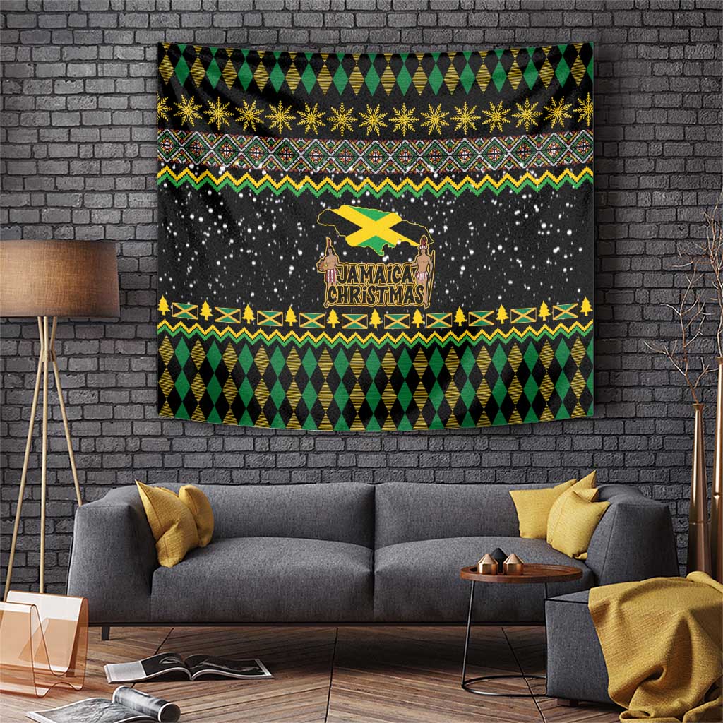 Black Jamaican Christmas tapestry with rastafarian lion emblem and green/yellow festive patterns