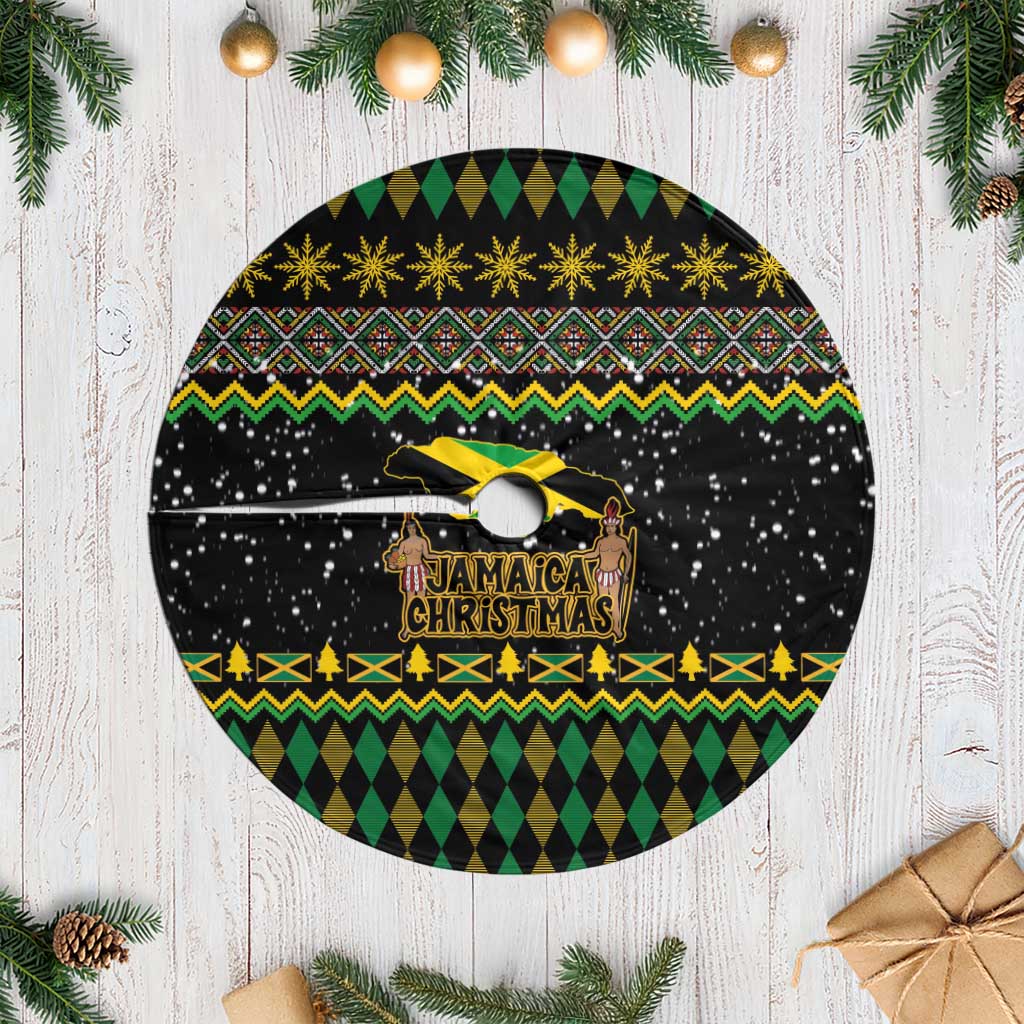 Jamaican Christmas tree skirt with black round base, green and yellow reggae pattern, fringe