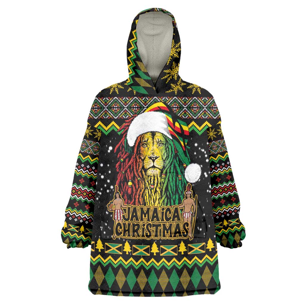 Jamaican Christmas Wearable Blanket Hoodie - Rastafarian Lion with Xmas Elements Reggae Style - Wonder Print Shop