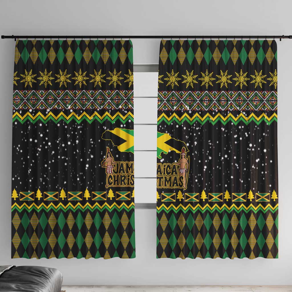 Black window curtain panel with green diamond trim, gold snowflakes, and Jamaican Christmas graphic