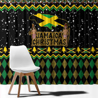 Black curtain panel with gold stars and snow dots, green zigzag border, Jamaican Christmas lion center