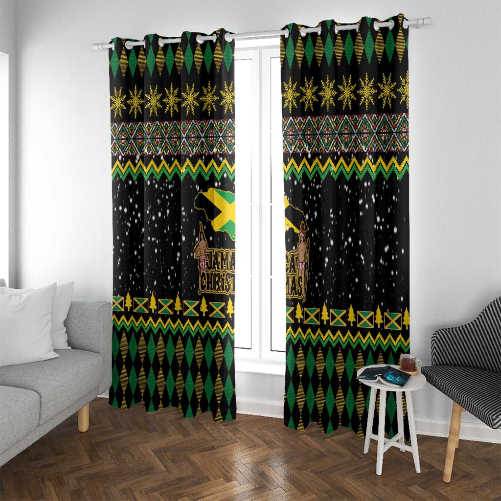 Black curtain panels with green geometric trim, gold snowflakes, and Jamaican Christmas lion poster-style print
