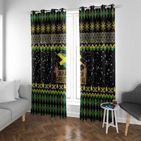 Black curtain panels with green geometric trim, gold snowflakes, and Jamaican Christmas lion poster-style print