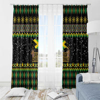 Black window curtain panels with green diamond stripes, gold star accents, and Jamaican Christmas lion graphic