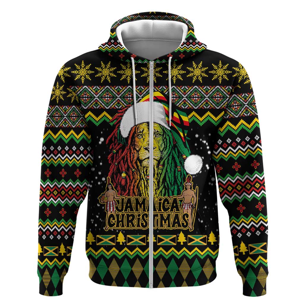 Jamaican Christmas Zip Hoodie - Rastafarian Lion with Xmas Elements Reggae Style - Wonder Print Shop