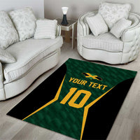 Green area rug with gold number 10, black trim, and 'YOUR TEXT' in living room