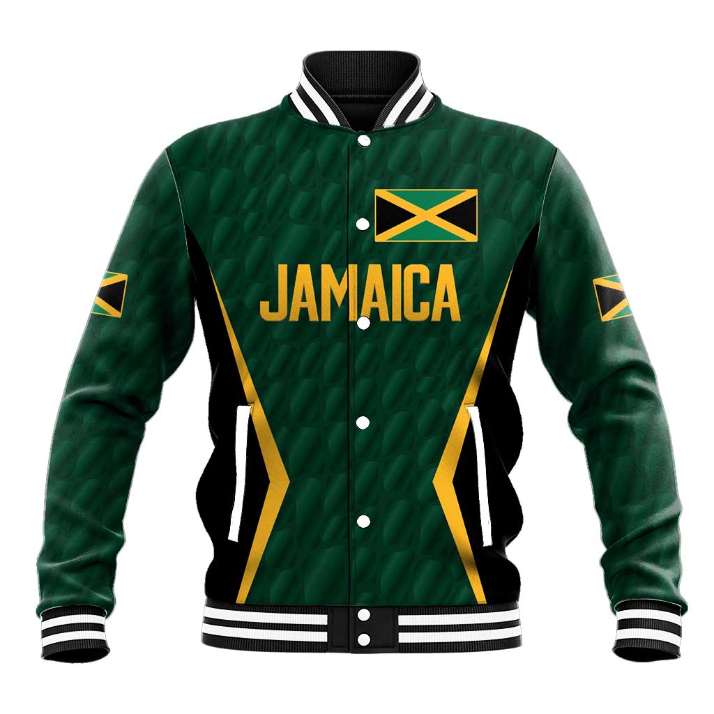 Green varsity baseball jacket with Jamaica crest, gold text, snap front, striped rib collar