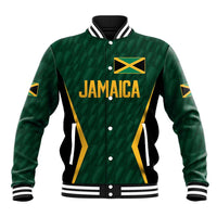 Green varsity baseball jacket with Jamaica crest, gold text, snap front, striped rib collar