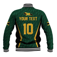Green varsity baseball jacket with back print 'YOUR TEXT' and number 10, striped rib cuffs