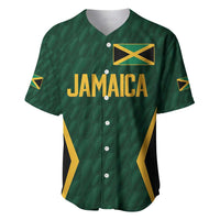 Green cricket baseball jersey with JAMAICA print, gold trim, button front