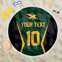 Round green and black sports jersey beach blanket with fringed edge, gold YOUR TEXT and 10