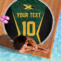 Round green and black sports jersey beach blanket with fringed edge, gold YOUR TEXT and 10