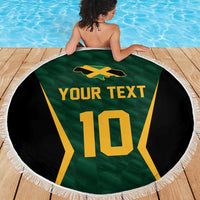 Round green and black sports jersey beach blanket with fringed edge, gold number 10 and YOUR TEXT
