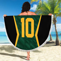 Green and black round beach blanket with fringed edge, gold number 10 and YOUR TEXT jersey graphic