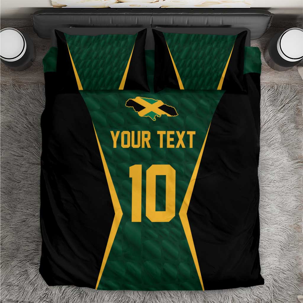 Green and black bedding set with cricket star, 'Your Text' and number 10 design