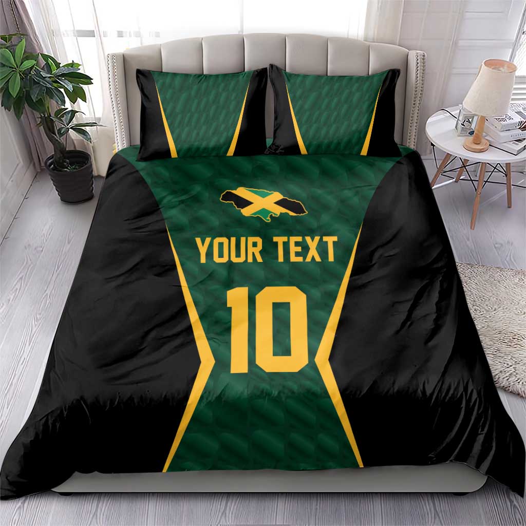 Cricket jersey bedding set in green and black with gold star, 'Your Text' and 10