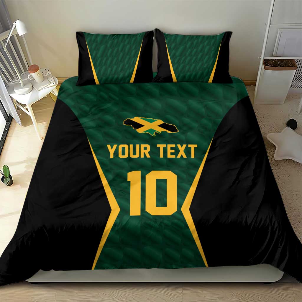 Green and black duvet and pillowcases with gold-trim star graphic and 'Your Text' 10