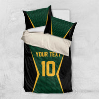 Green and black duvet cover with 'Your Text' and number 10, plus two matching pillows