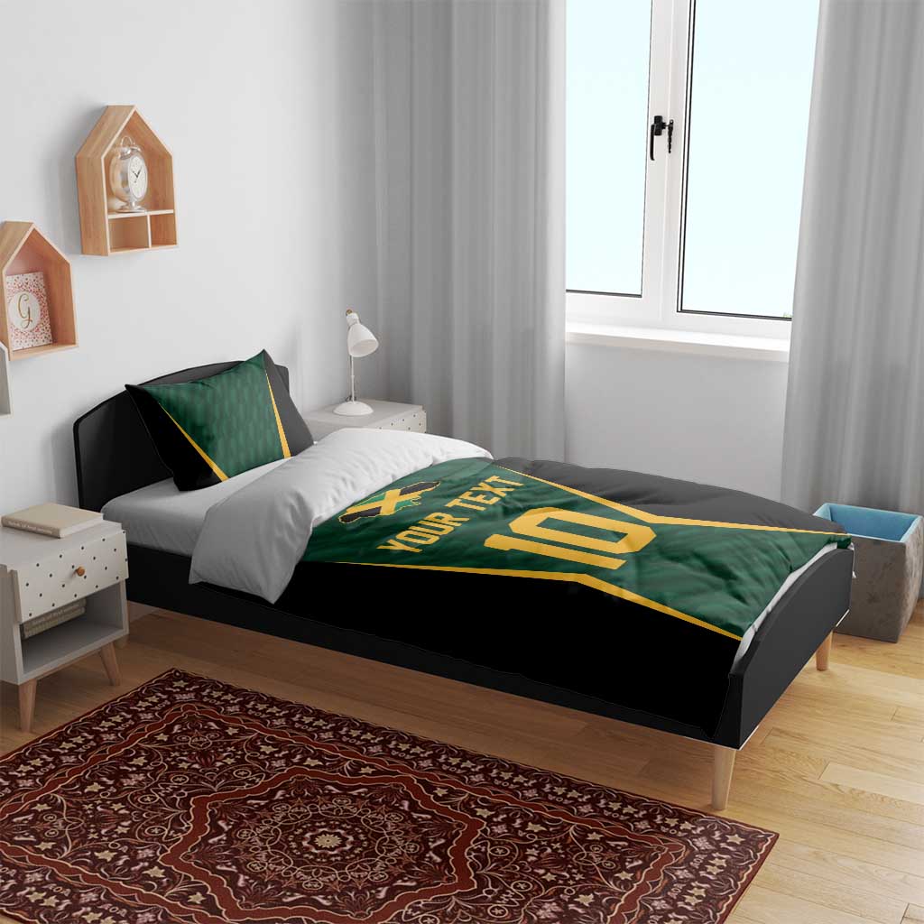 Cricket-themed bedding set: green and black with gold 'Your Text' and number 10
