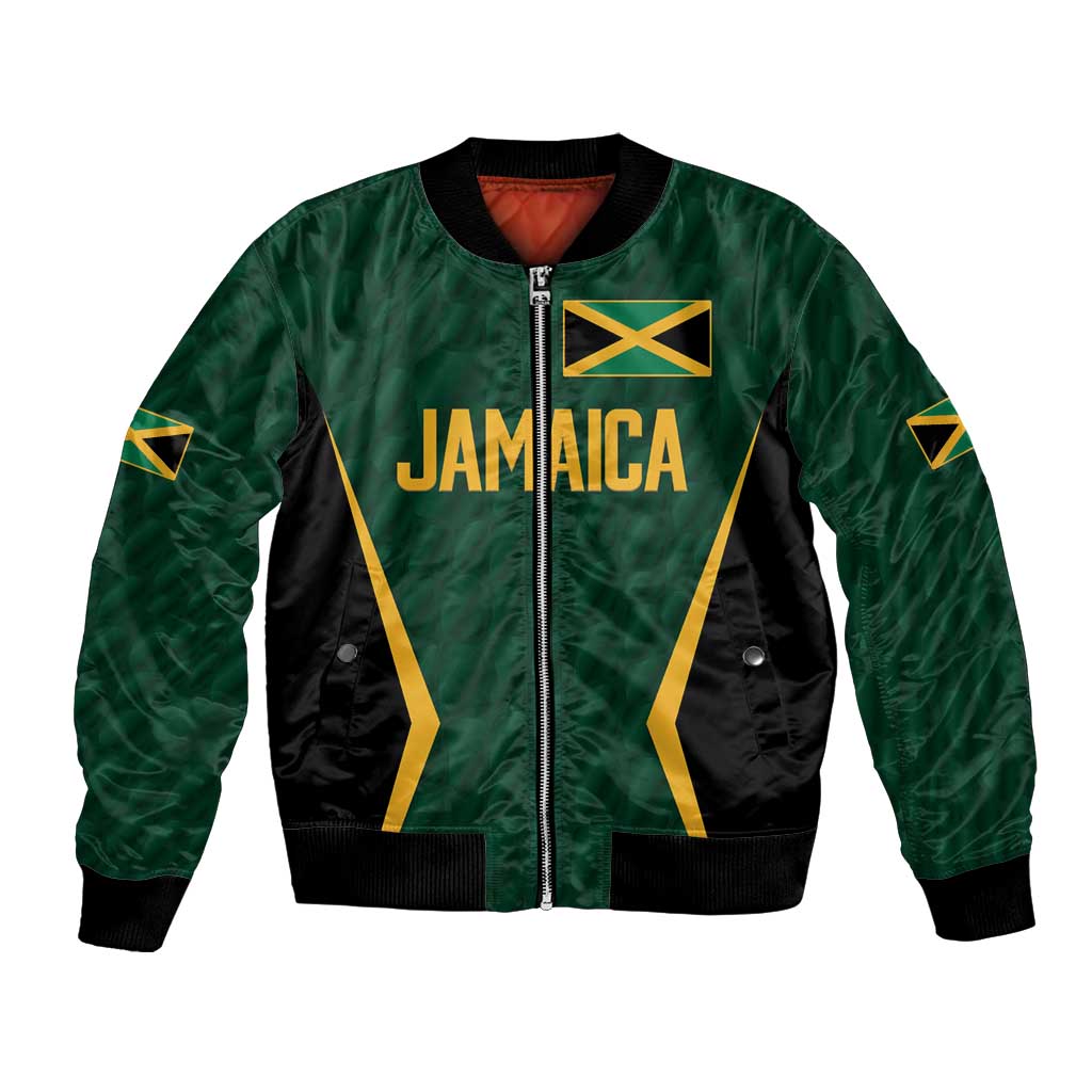 Green bomber jacket with zip front, black panels, gold Jamaica graphic and flag patch