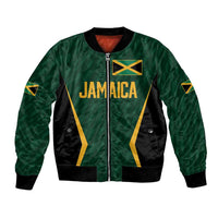 Green bomber jacket with zip front, black panels, gold Jamaica graphic and flag patch