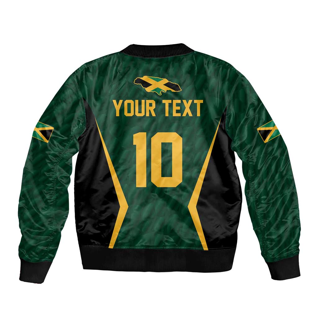 Green bomber jacket with black panels, gold back graphic with 'YOUR TEXT' and number 10