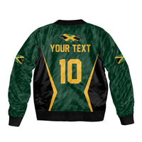Green bomber jacket with black panels, gold back graphic with 'YOUR TEXT' and number 10