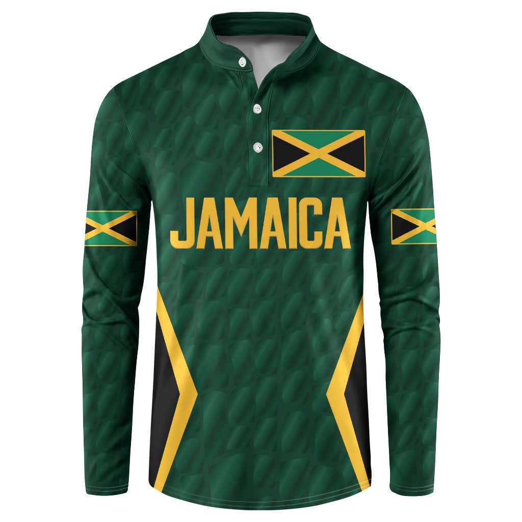 Green button-front cricket jersey with Jamaican flag patch and 'JAMAICA' lettering