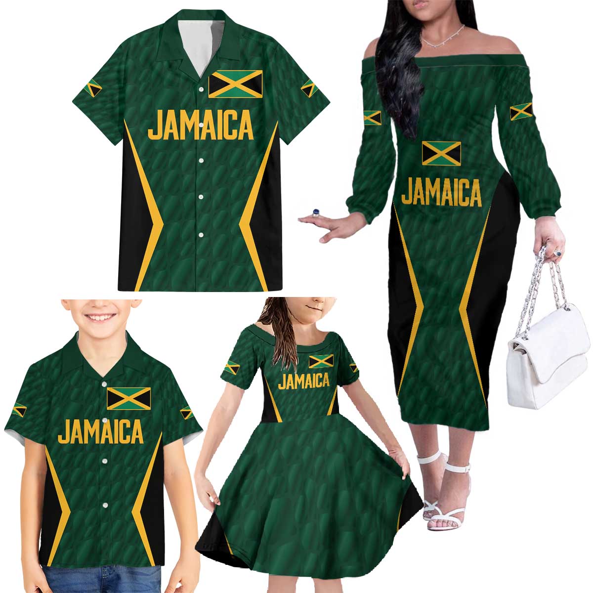 Custom Jamaican Cricket Jersey Special Edition 2024 Family Matching Off The Shoulder Long Sleeve Dress and Hawaiian Shirt