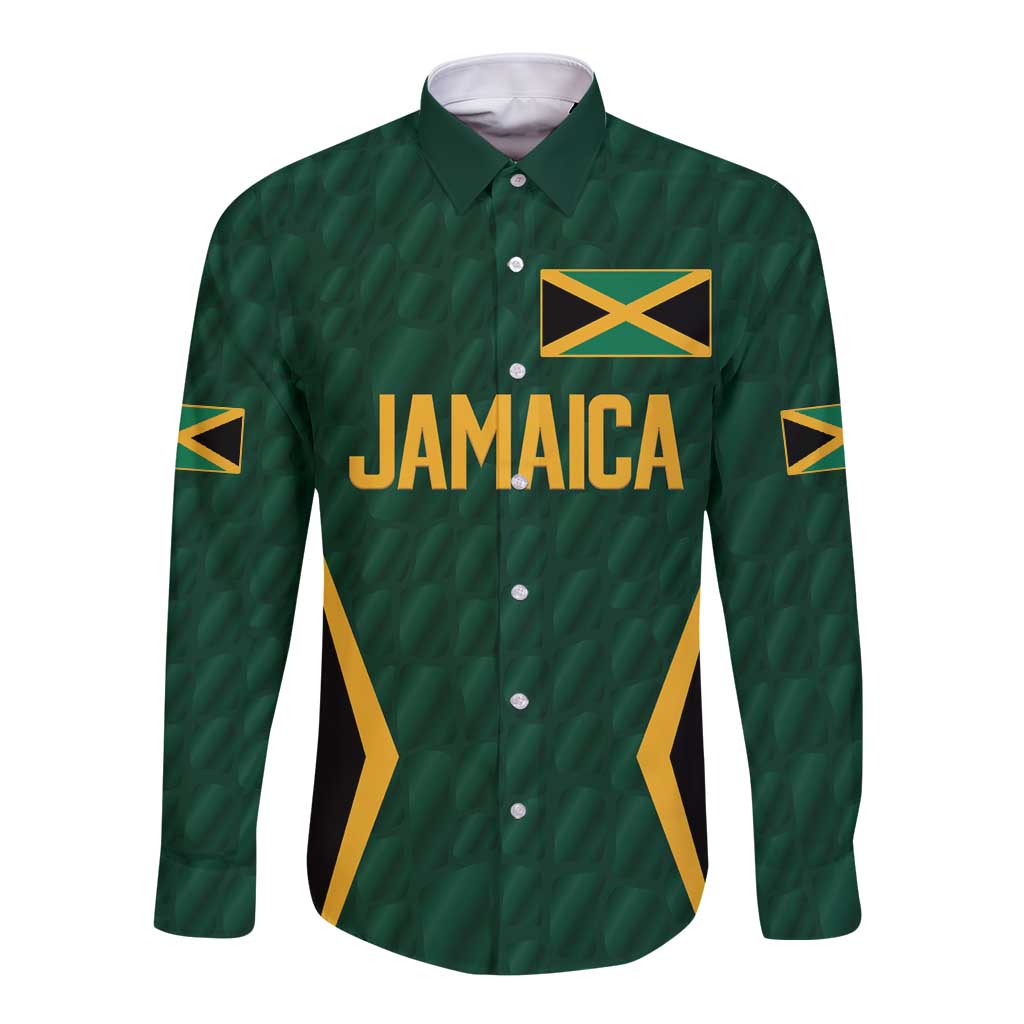 Green long-sleeve cricket button shirt with Jamaica crest and gold side accents