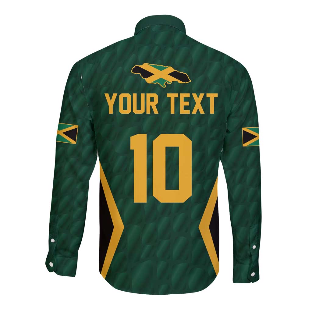 Green long-sleeve cricket button shirt back with gold X logo, custom text, and 10