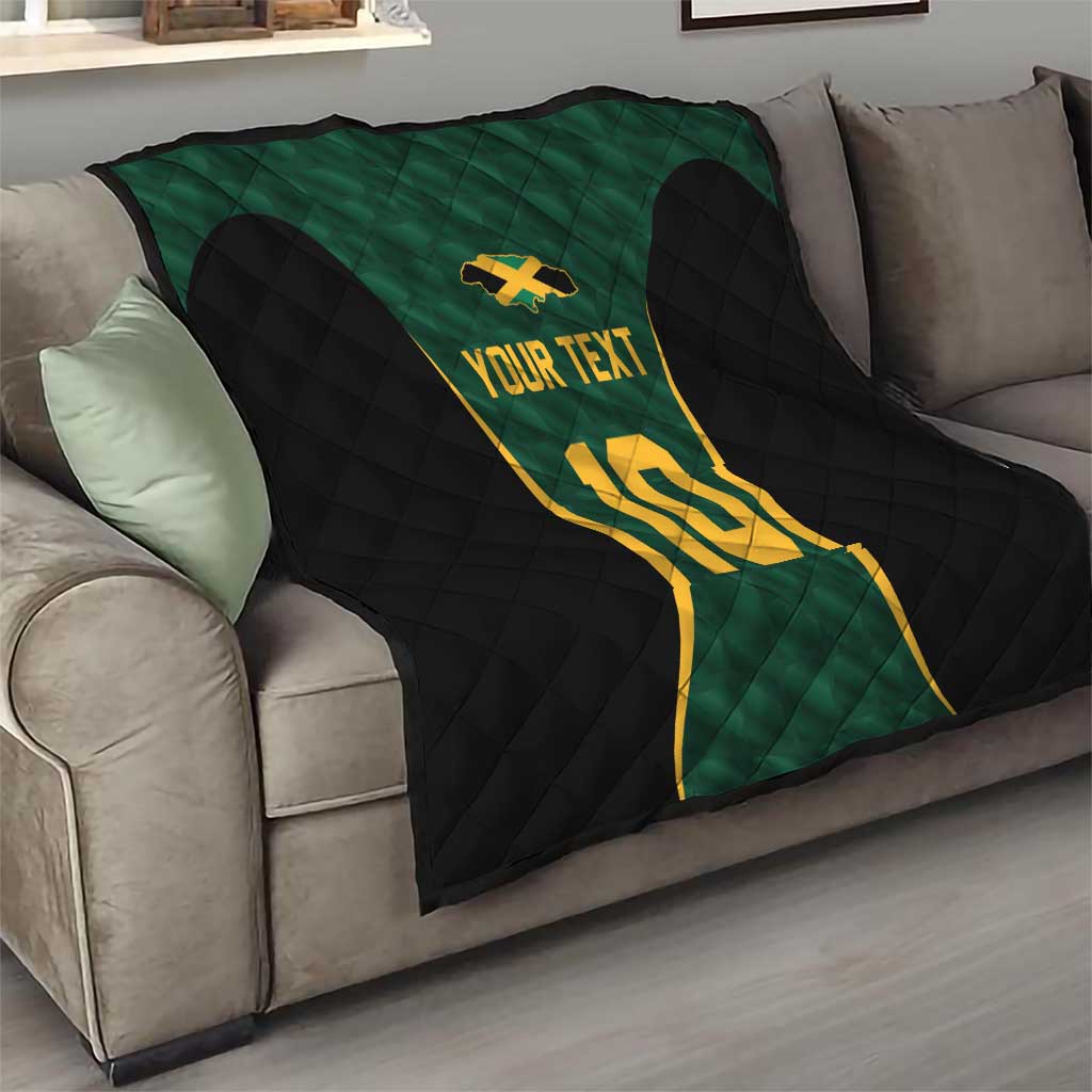 Custom quilt blanket on sofa with green jersey center, black quilt pattern, yellow 10, 'Your Text'