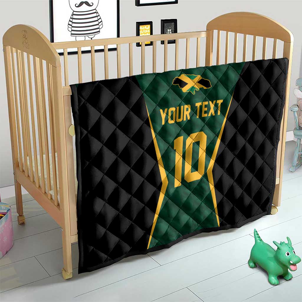 Custom quilt blanket on crib with green jersey design, black quilt pattern, yellow 10, 'Your Text'