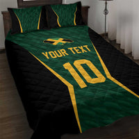 Green and black quilt bed set with gold cricket-style design, “YOUR TEXT” and “10”