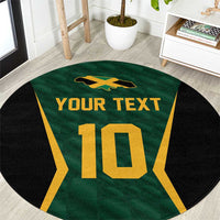 Green round cricket-themed carpet with black edges, gold 'YOUR TEXT' and number 10