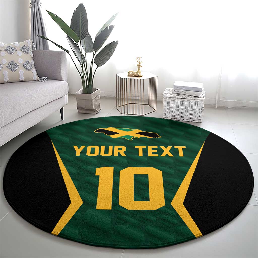 Green round cricket carpet with black border, gold Jamaica silhouette, 'YOUR TEXT' and 10