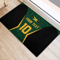 Green cricket jersey rubber doormat with black side ovals and gold “YOUR TEXT” over “10”