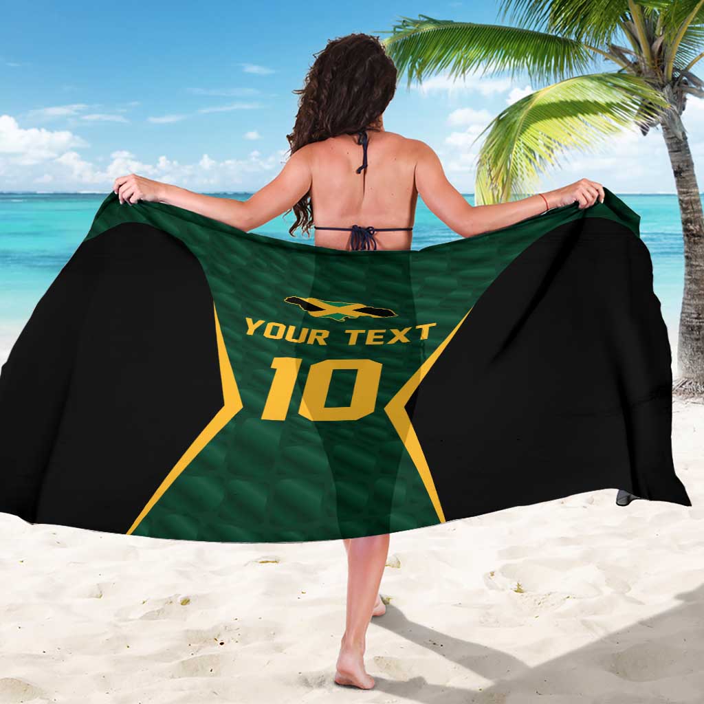 Green and black sarong cover-up with yellow star, “YOUR TEXT” and number graphic