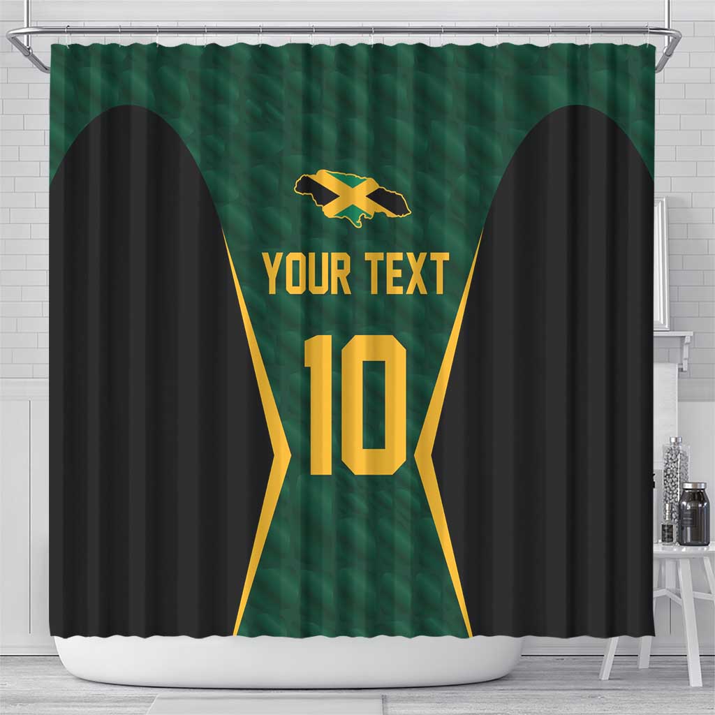 Green cricket shower curtain with rod hooks, black side panels, gold 'YOUR TEXT' 10